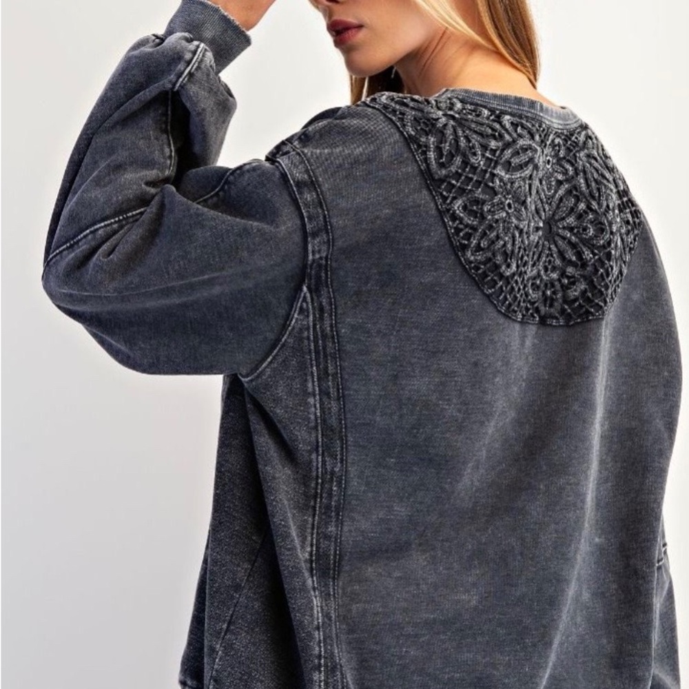 Washed Black Embroidered Yoke Women's Sweatshirt